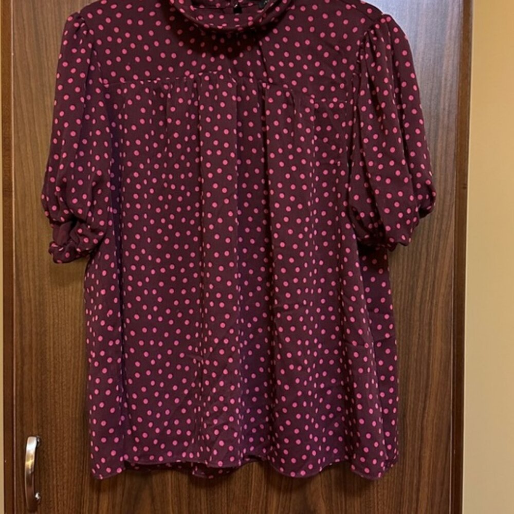 Ann Taylor Brown Pink Polka Dot High Neck Blouse
